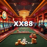XX88 casino scene filled with slot machines and poker tables, conveying excitement and luxury in gambling.